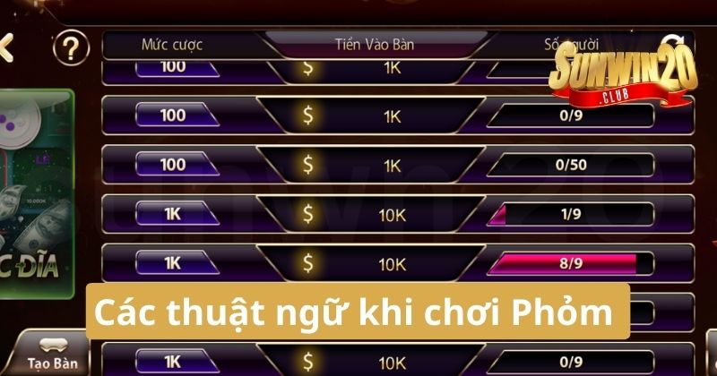 Thuật ngữ khi chơi Phỏm cần nắm